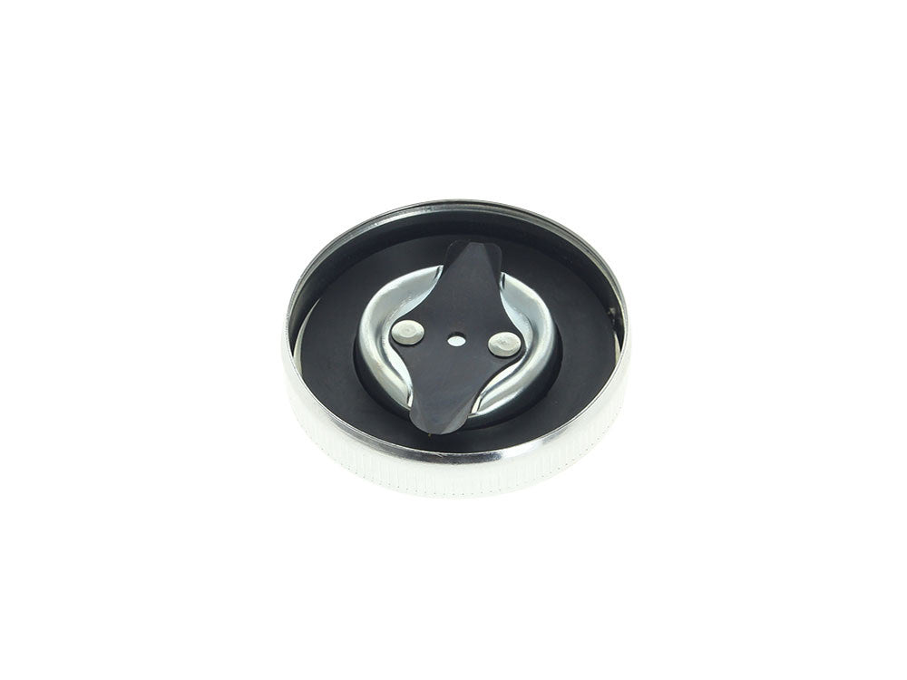 Early Style Right Hand Side Vented Fat Bob Fuel Cap - Chrome. Fits Big Twin 1936-1973 & Sportster 1958-1973.