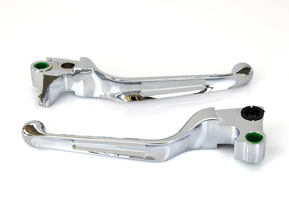 2 Slot Hand Levers - Chrome. Fits Softail 1996-2014, Dyna 1996-2017, Touring 1996-2007 & Sportster 1996-2003.