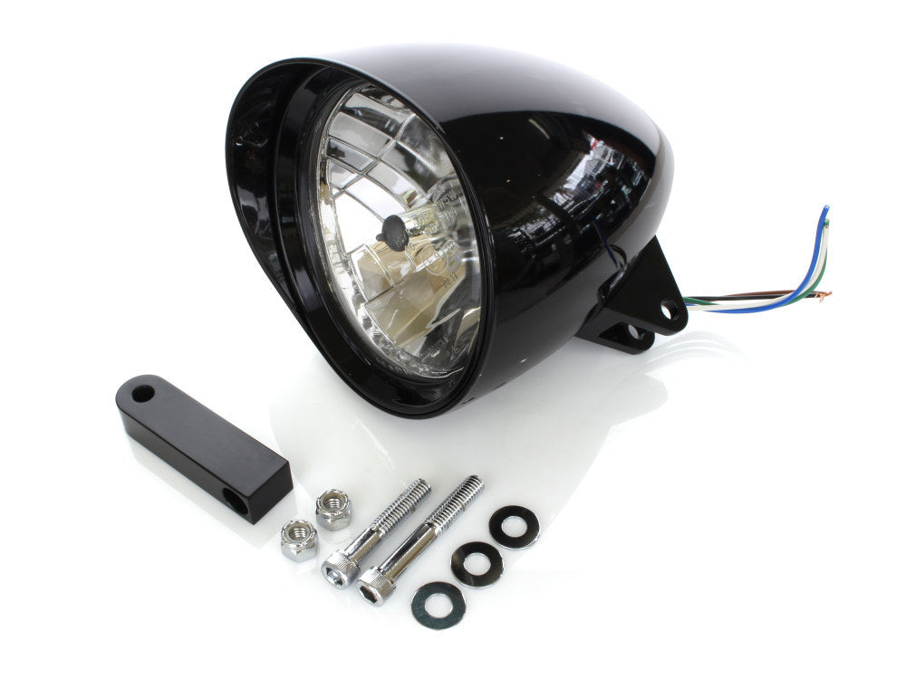 5-3/4in. Bullet Billet Headlight with Visor & Extended Mount - Gloss Black