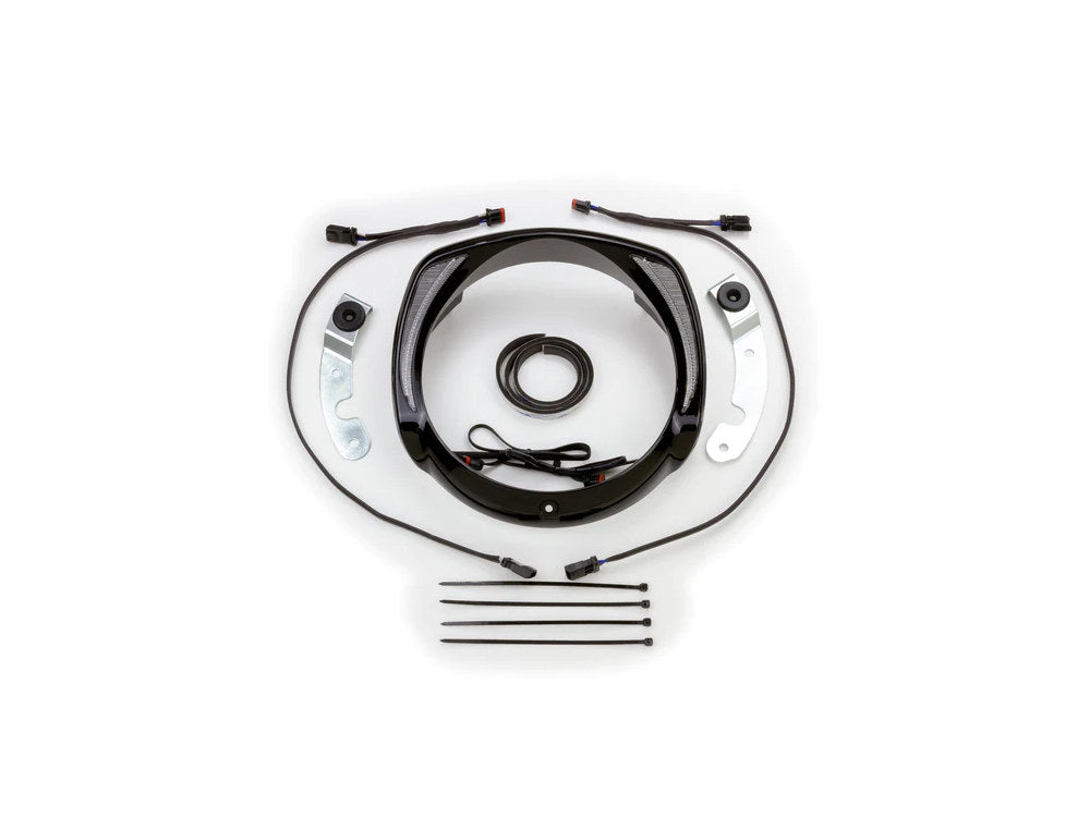 Fang LED Headlight Bezel with Amber Turn Signals & White Running Lights - Black. Fits Touring 2014-2023
