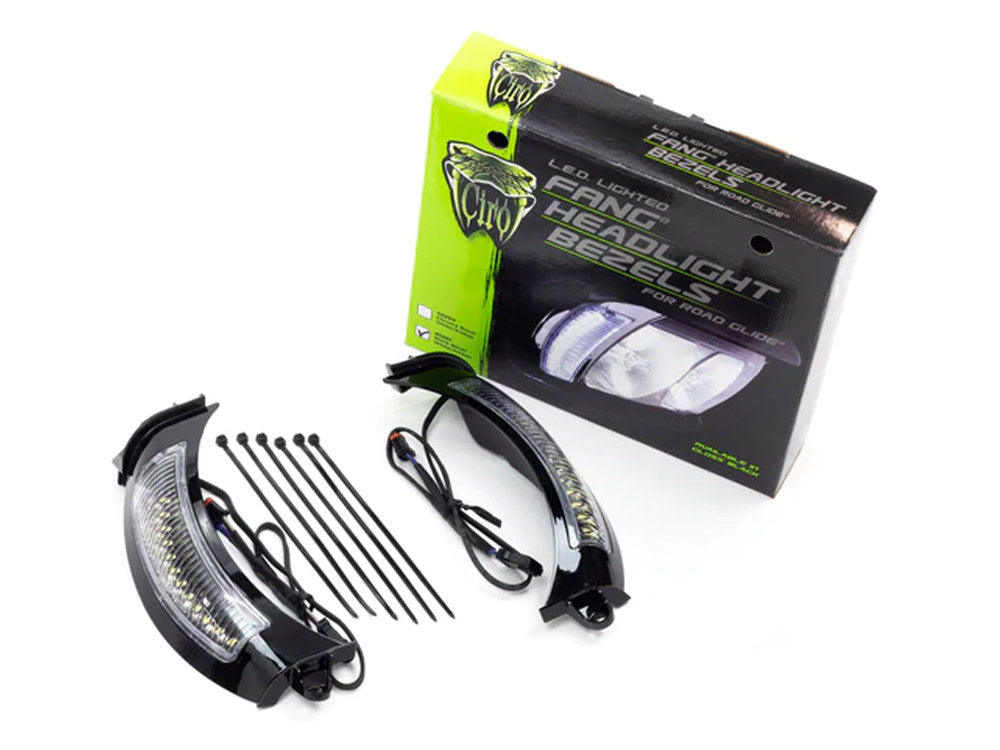 Fang LED Headlight Bezel Vent Inserts With Amber & White LED's - Black. Fits Road Glide 2015-2023