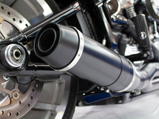 Bob Cat 2-into-1 Exhaust - Black with Black Satin Sleeve Muffler. Fits Breakout & Fat Boy 2018up & FXDR 2019up.