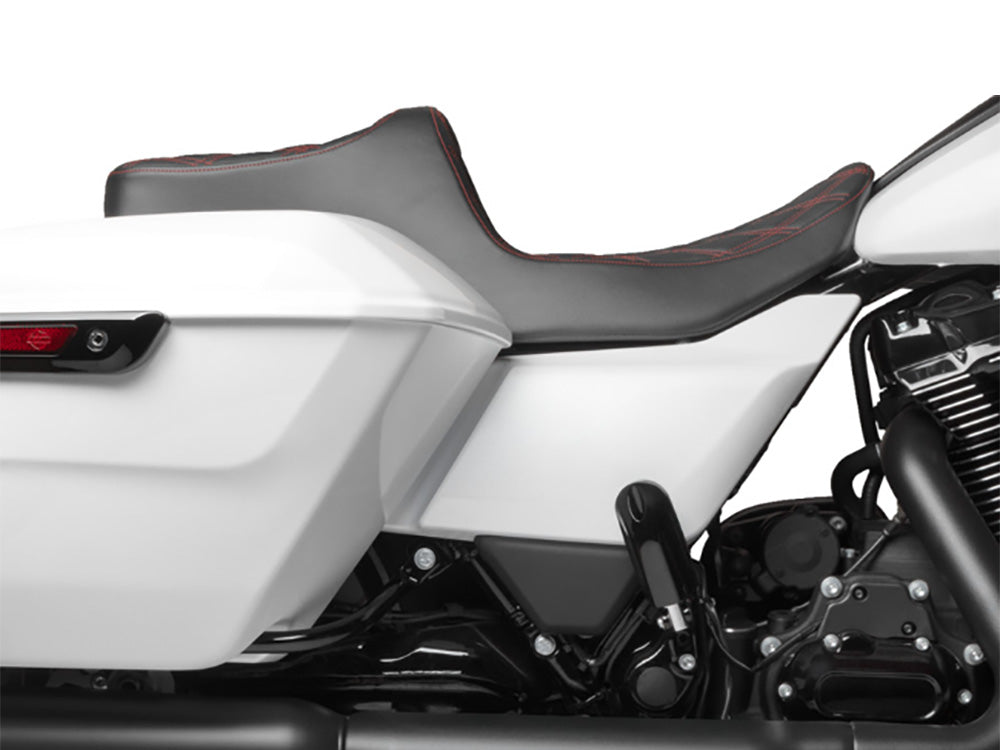 Predator 3 Dual Seat with Red Double Diamond Lattice Stitch. Fits CVO Touring 2023up, Street Glide & Road Glide 2024up, Touring 2025up