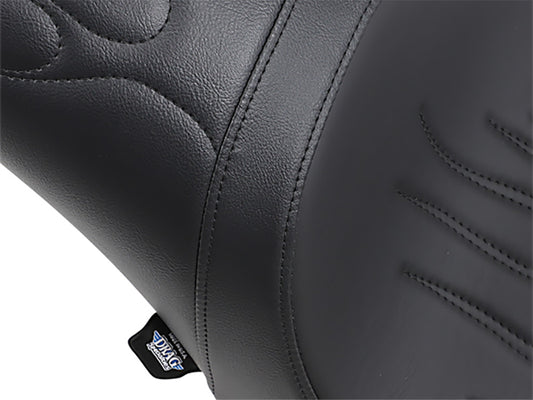 Predator Dual Seat - Flame Solar Leather Black. Fits Softail 2000-2017 with 130 or 150 OEM Rear Tyre