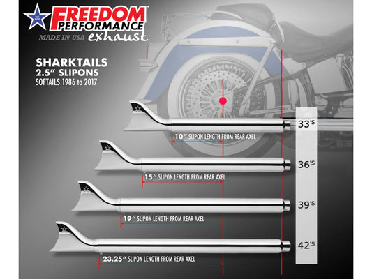 39in. True Dual SharkTail Exhaust - Chrome. Fits Softail 2007-2017.