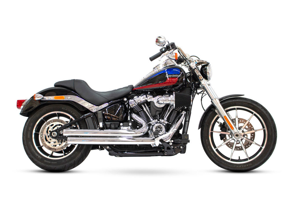 Independence Staggered Exhaust - Chrome with Chrome End Caps. Fits Softail 2018up with Non-240 Rear Tyre