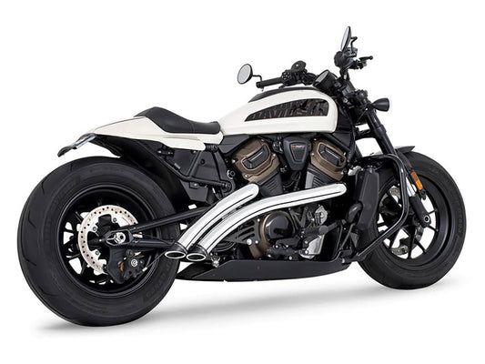 Radical Radius Exhaust - Chrome with Black End Caps. Fits Sportster S 2021-2023