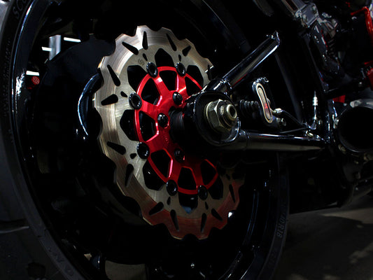 11.5in. Rear Floating Wave Disc Rotor with Red Carrier. Fits Big Twin 2000up & Sportster 2000-2010.