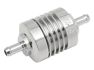 Washable Mini Inline Fuel Filter. 1/4in. Hose x 1.5in. long. Billet Aluminium.
