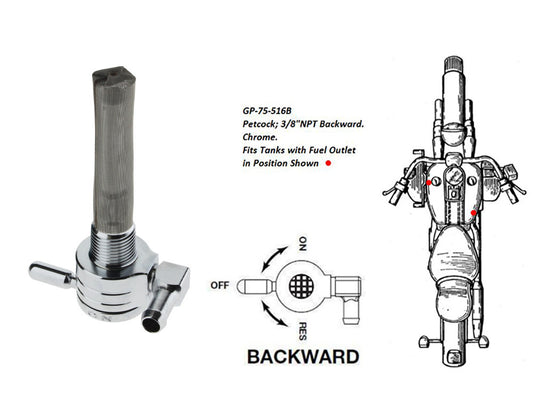 High-Flow Fuel Tap / Petcock with 3/8in. NPT Thread & 5/16in. Backward Facing Fuel Outlet - Chrome