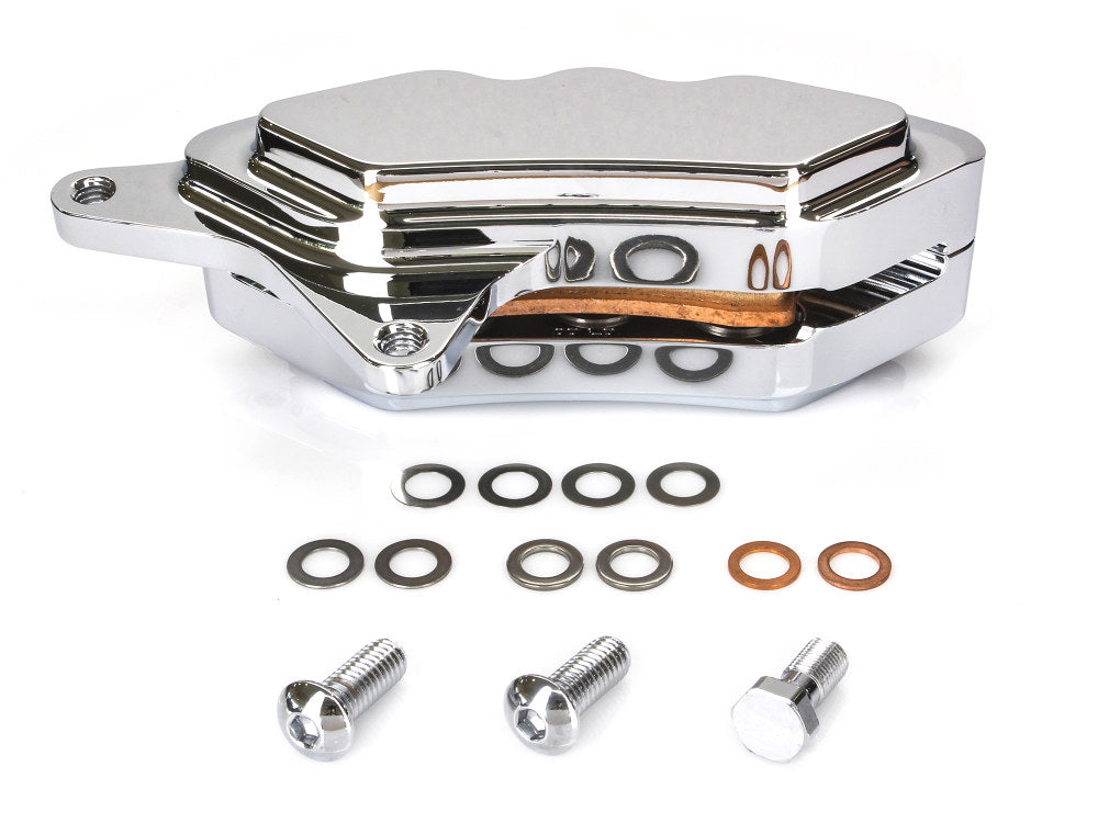 Left Hand Front 6 Piston Caliper - Chrome. Fits most Big Twin 1984-1999 & Sportster 1984-1999 Models with 11.5in. Disc Rotor.
