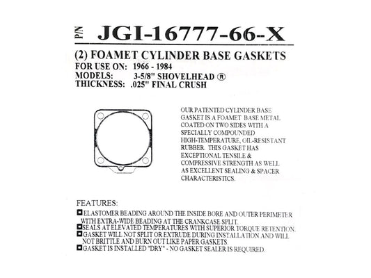 0.036in. Thick Cylinder Base Gaskets. Fits Big Twin 1966-1984 with Shovel Engine & 3-5/8in. Big Bore Cylinders.