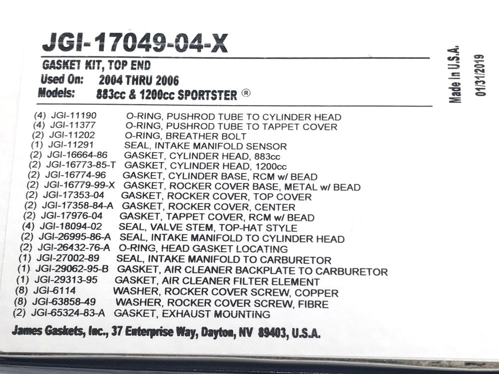 Top End Gasket Kit. Fits Sportster 2004-2006 with 883cc or 1200cc Engines.