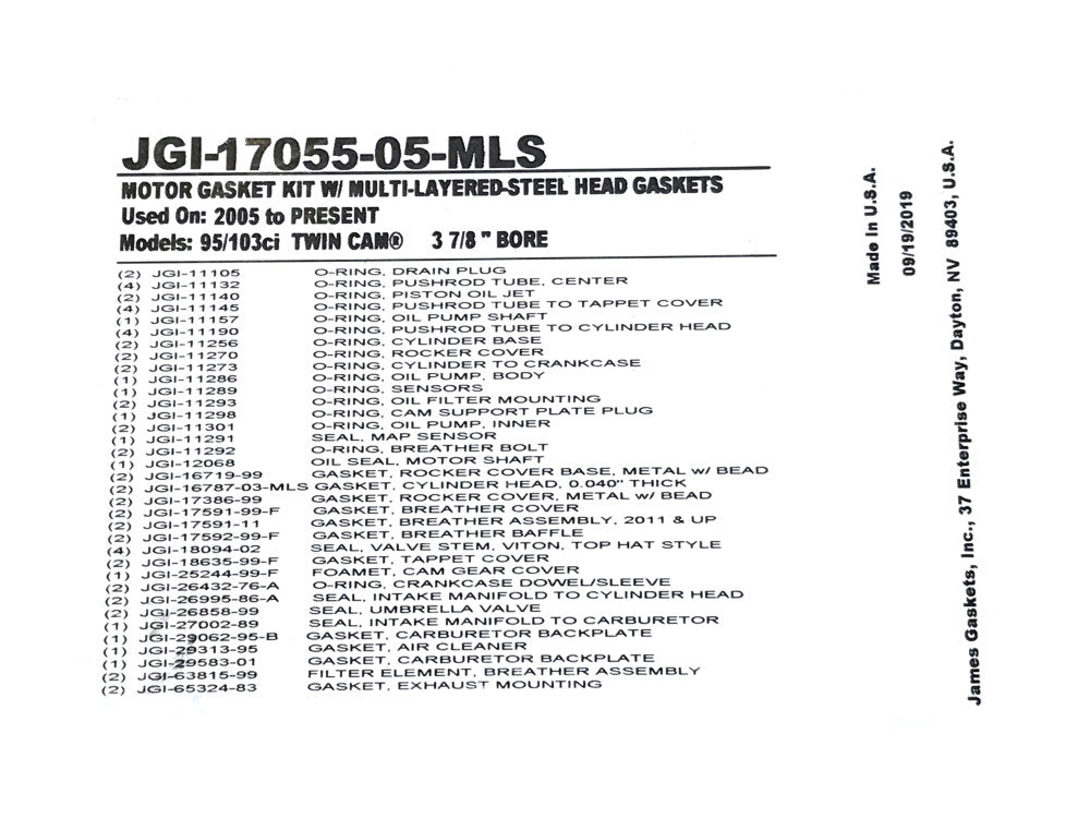 MLS Engine Gasket Kit. Fits Twin Cam 2005-2017 with 95in. or 103in. Engines - 3.875in. Bore