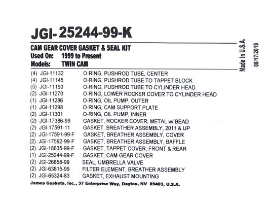 Cam Change Gasket Kit. Twin Cam 1999-2017.