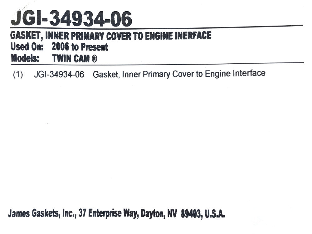 Inner Primary to Engine Gasket. Fits Softail 2007-2017, Touring 2007-2016 & Dyna 2006-2017.