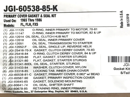 Primary Cover Gasket Kit. Fits 4Spd Big Twin 1965-1986 & Softail 1984-1988.