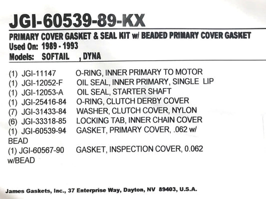 Primary Cover Gasket Kit. Fits Softail & Dyna 1989-1993.