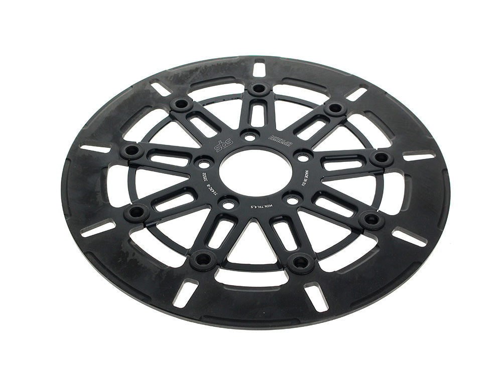 11.8in. Front 9-Spoke Disc Rotor - Polished Band & Black Carrier. Fits Dyna 2006-2017, Softail 2015up, Sportster 2014-2021 & Some Touring 2008up.