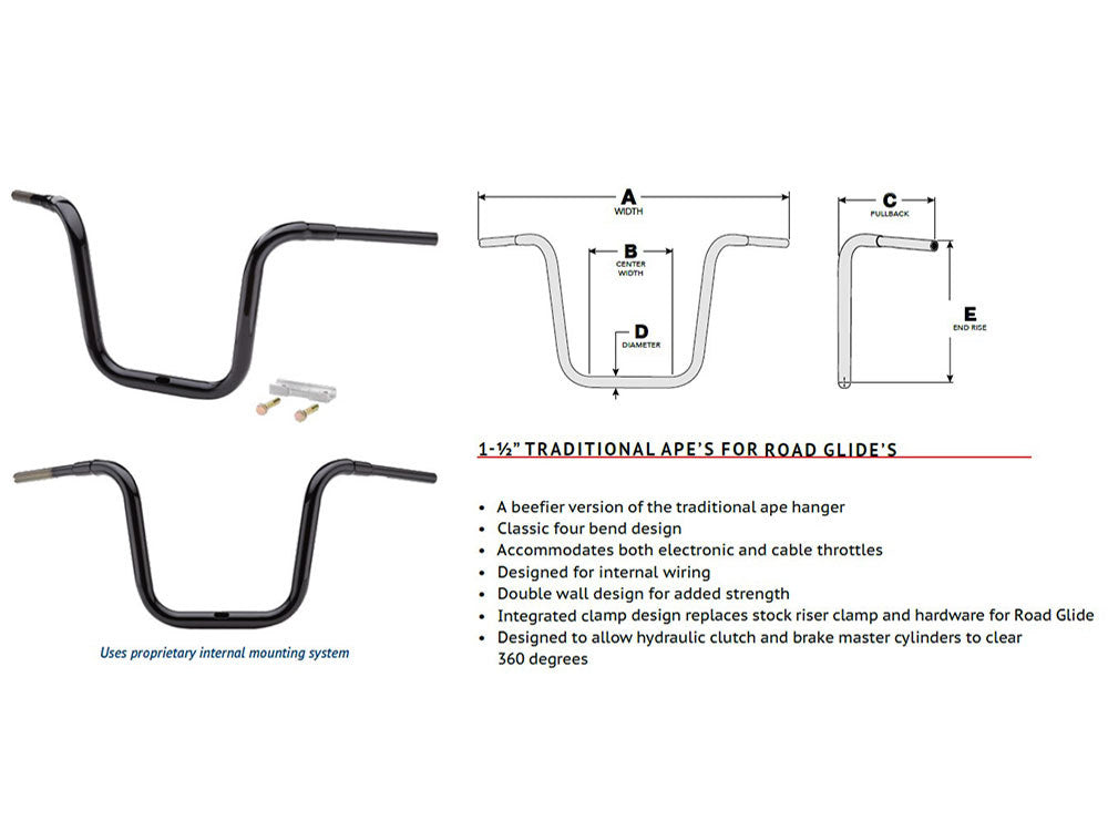 10in. x 1-1/2in. Grande Traditional Ape Handlebar - Chrome. Fits Road Glide 2015-2023