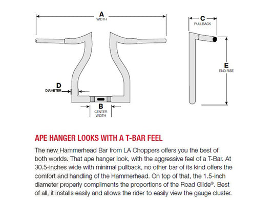 12in. x 1-1/2in. Hammerhead Handlebar - Chrome. Fits Road Glide 2015-2023 & Road King Special 2017-2025