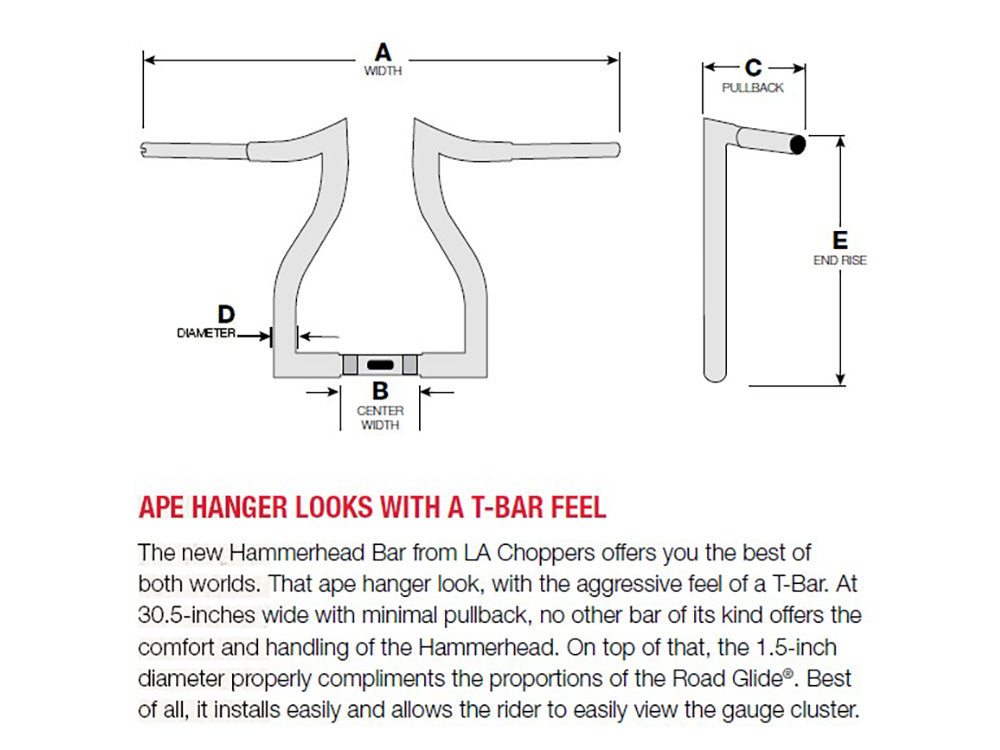 14in. x 1-1/2in. Hammerhead Handlebar - Chrome. Fits Road Glide 2015-2023 & Road King Special 2017-2025