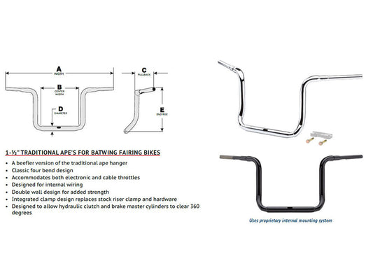 16in. x 1-1/2in. Grande Traditional Ape Handlebar - Gloss Black. Fits Ultra Models 2014up and Street Glide 2014-2023