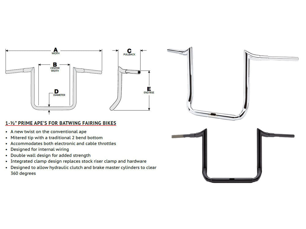 10in. x 1-1/2in. Grande Prime Ape Handlebar - Chrome. Fits Ultra Models 2014up and Street Glide 2014-2023