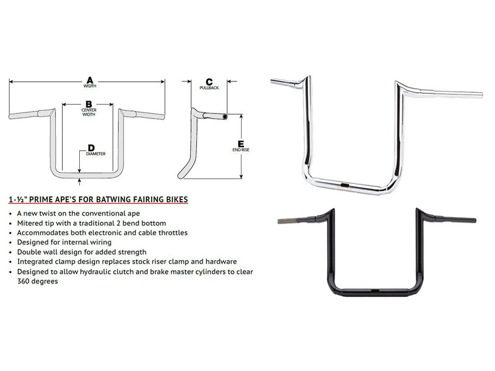 16in. x 1-1/2in. Grande Prime Ape Handlebar - Gloss Black. Fits Ultra Models 2014up and Street Glide 2014-2023