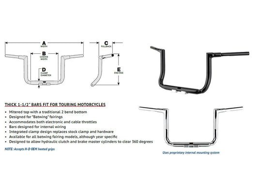 12in. x 1-1/2in. Grande Twin Peaks Handlebar - Gloss Black. Fits Ultra Models 2014up and Street Glide 2014-2023