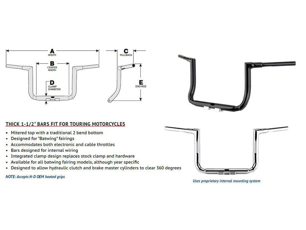 14in. x 1-1/2in. Grande Twin Peaks Handlebar - Chrome. Fits Ultra Models 2014up and Street Glide 2014-2023