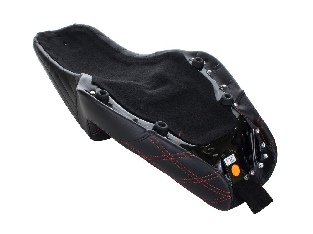 Kickflip Dual Seat with Red Double Diamond Stitch. Fits Sportster 2004-2006 & Sportster 2010-2021 Models with either 3.3 or 4.5 Gallon Tank.