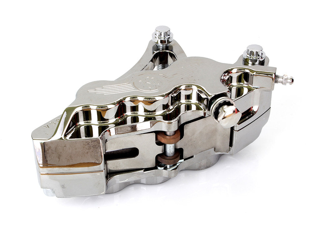 Left Hand Front 6 Piston Caliper - Chrome. Fits Softail 2000-2017, Dyna 2000-2005, Touring 2000-2007 & Sportster 2000-2007 Models with 13in. Disc Rotor.
