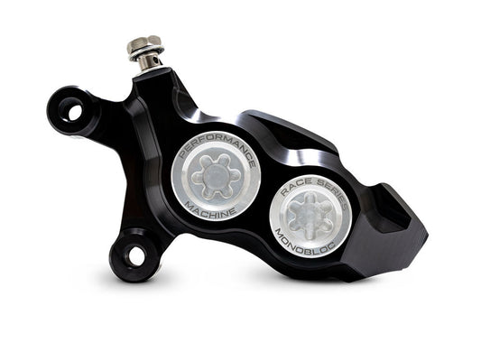 Left Hand Front 4 Piston Race Series Caliper - Black & Chrome. Fits Softail 2015up, V-Rod 2006-2017, Touring Most 2008-2024 & Sportster 2014-2021