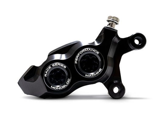 Right Hand Front 4 Piston Race Series Caliper - Black Ops. Fits Softail 2015up, V-Rod 2006-2017, Touring Most 2008-2024 & Sportster 2014-2021