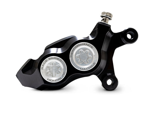 Right Hand Front 4 Piston Race Series Caliper - Black & Chrome. Fits Softail 2015up, V-Rod 2006-2017, Touring Most 2008-2024 & Sportster 2014-2021