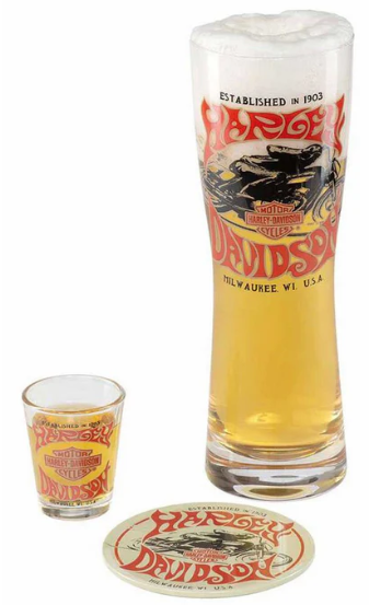 Harley-Davidson 1970's Racer Pilsner & Shot Glass Gift Set with Matching Tin Coaster