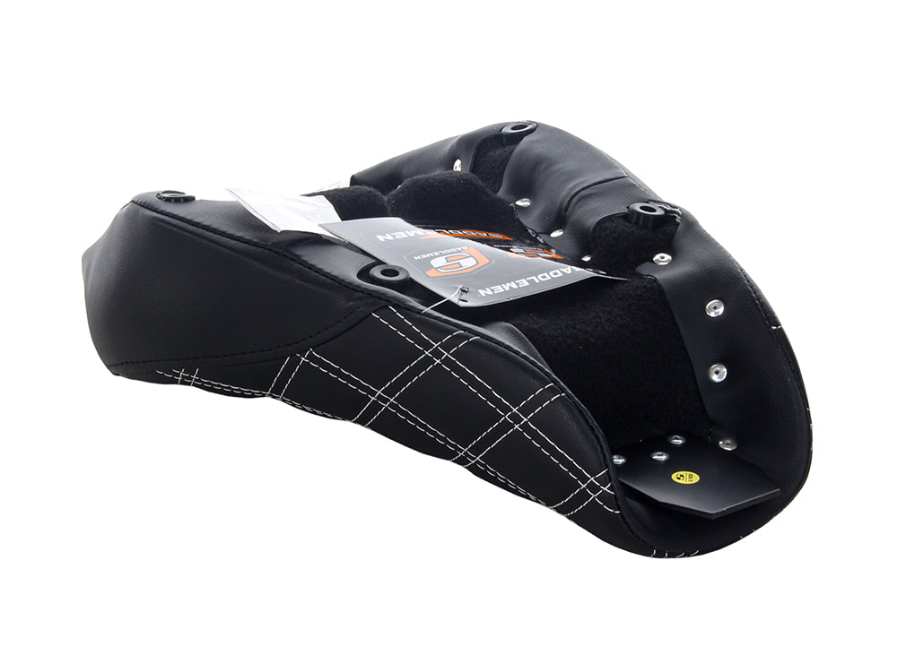 Renegade LS Solo Seat with White Double Diamond Lattice Stitch. Fits Sportster 2004-2021 with 4.5 Gallon Fuel Tank.
