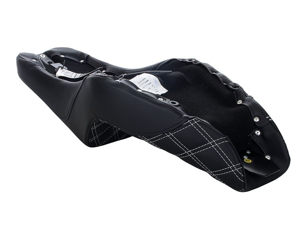 Step-Up LS Dual Seat with White Double Diamond Lattice Stitch. Fits Sportster 2004-2021 with 4.5 Gallon Fuel Tank.