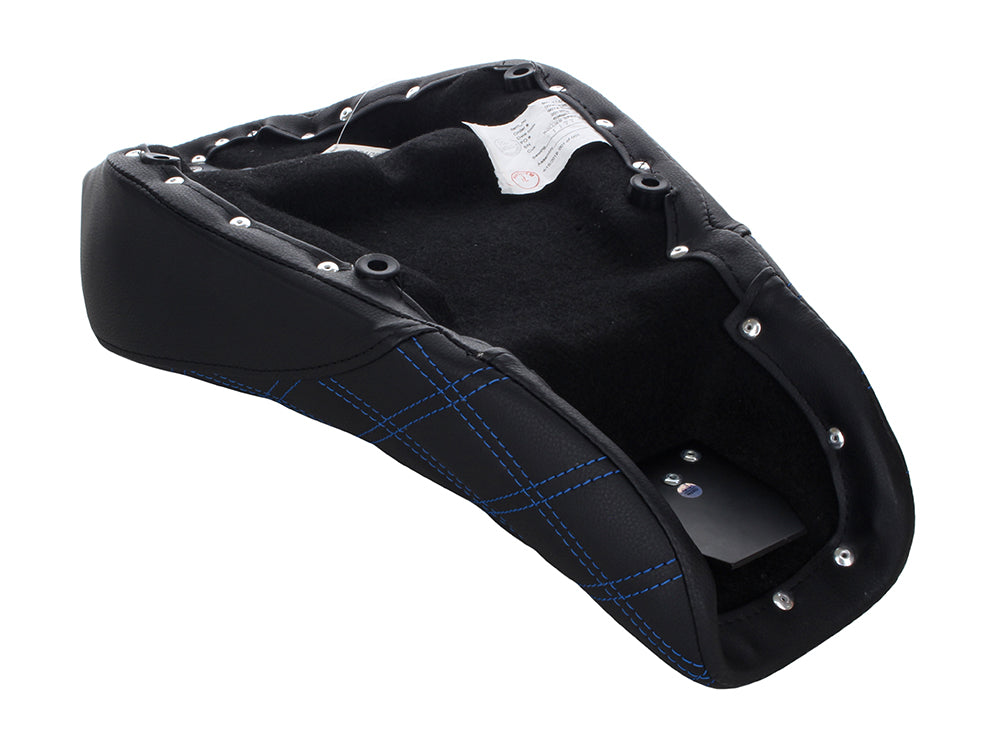 Renegade LS Solo Seat with Blue Double Diamond Lattice Stitch. Fits Sportster 2004-2021 with 3.3 Gallon Fuel Tank.