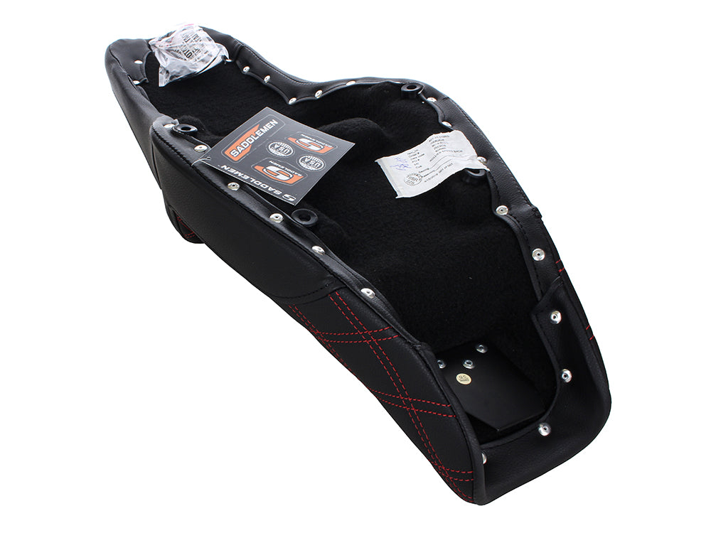 Step-Up LS Dual Seat with Red Double Diamond Lattice Stitch. Fits Sportster 2004-2021 with 3.3 Gallon Fuel Tank.