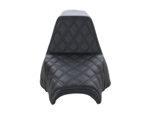 Step-Up LS Dual Seat with Black Double Diamond Lattice Stitch. Fits Fat Bob 2018-2024