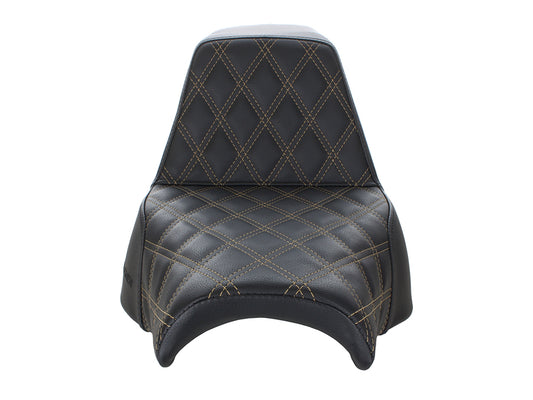 Step-Up LS Dual Seat with Gold Double Diamond Lattice Stitch. Fits Fat Bob 2018-2024