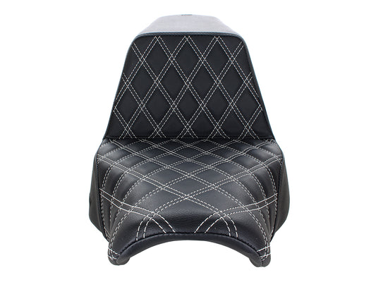 Step-Up LS Dual Seat with White Double Diamond Lattice Stitch. Fits Sport Glide & Low Rider 2018up, Low Rider S 2020up & Low Rider ST 2022up.