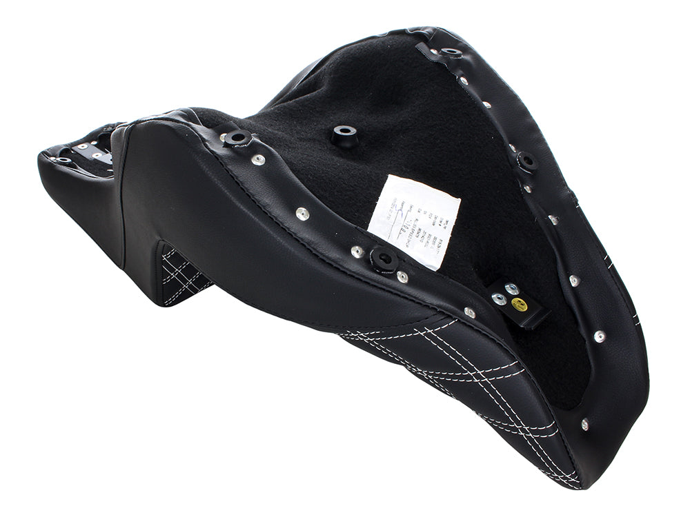 Step-Up LS Dual Seat with White Double Diamond Lattice Stitch. Fits Sport Glide & Low Rider 2018up, Low Rider S 2020up & Low Rider ST 2022up.