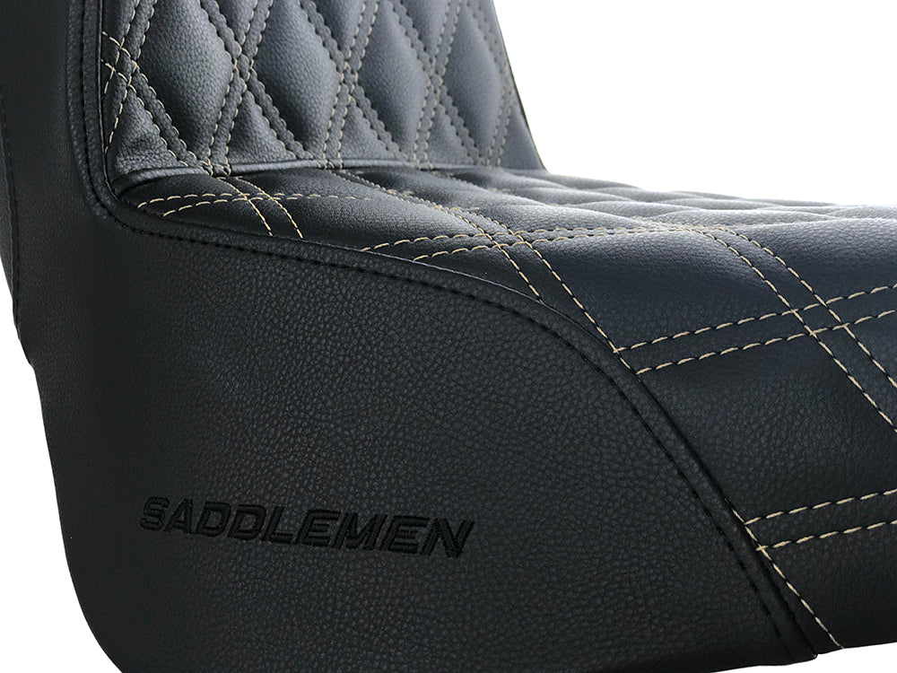 Step-Up LS Dual Seat with Gold Double Diamond Lattice Stitch. Fits Softail Street Bob 2018up & Standard 2020up.