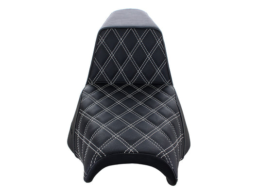 Step-Up LS Dual Seat with White Double Diamond Lattice Stitch. Fits Softail Street Bob 2018up & Standard 2020up.