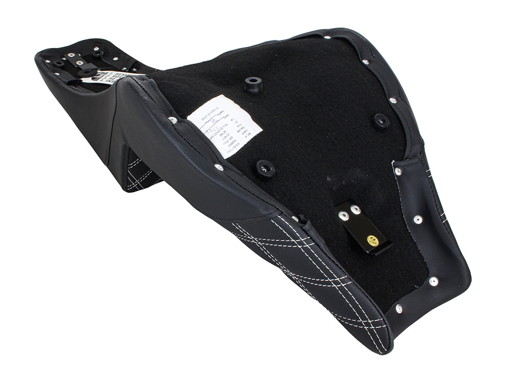 Step-Up LS Dual Seat with White Double Diamond Lattice Stitch. Fits Softail Street Bob 2018up & Standard 2020up.