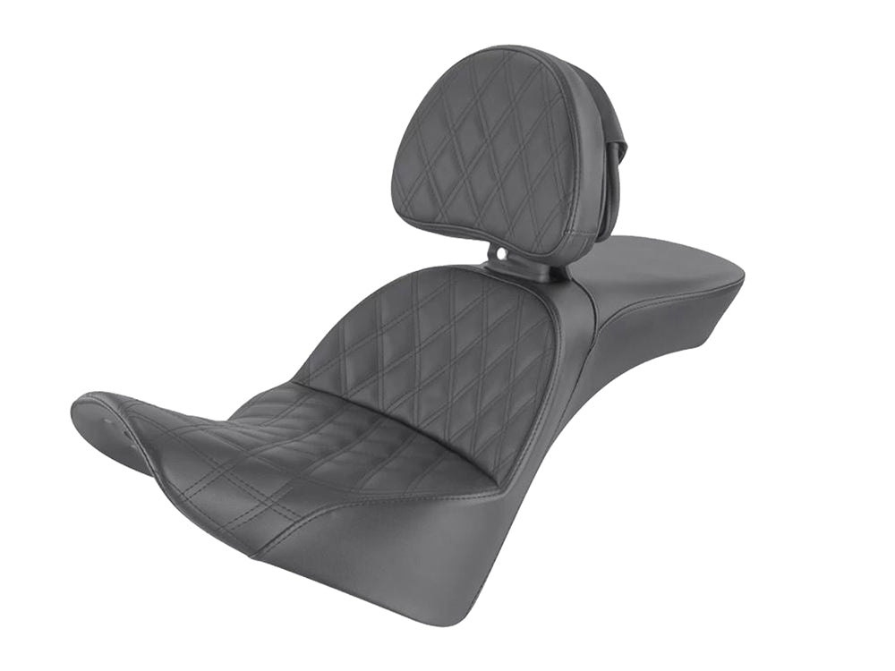 Explorer LS Dual Seat With Backrest & with Black Double Diamond Lattice Stitch. Fits Softail Deluxe 2018-2020, Slim 2018-2021 & Heritage Classic 2018up