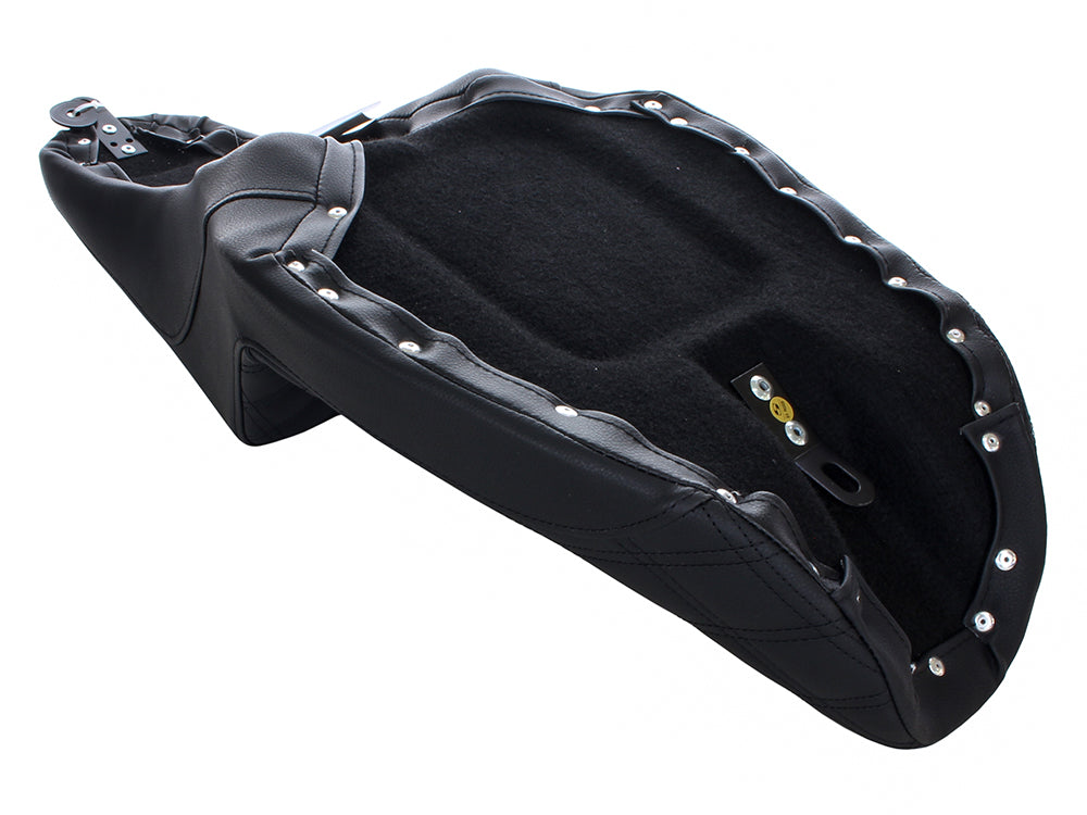 Step-Up LS Dual Seat with Black Double Diamond Lattice Stitch. Fits Dyna 1996-2003.